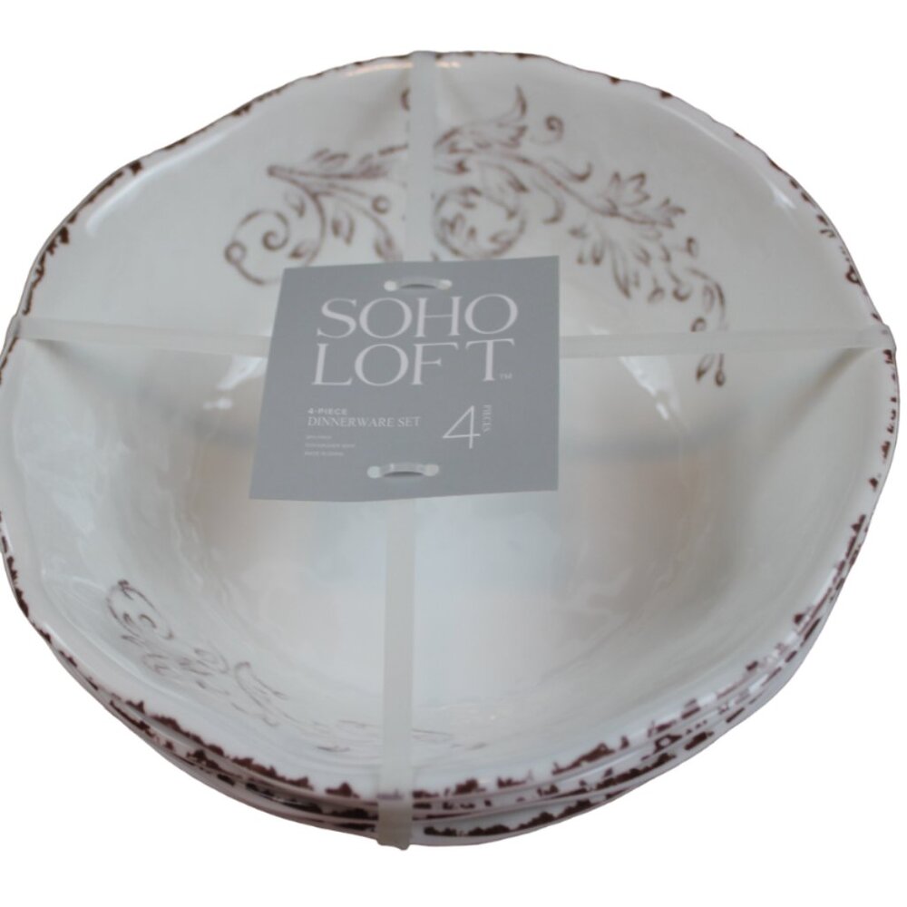 Soho Loft Melamine Bowls Cereal Soup White Brown Rustic Flower Set of 4 NWT